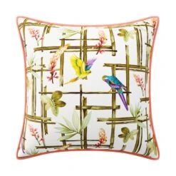 Custom Pillow - Congo Birds -Furniture Shop CongoBirdswithBetsyCoralVelvetPiping.02