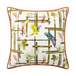 Custom Pillow - Congo Birds -Furniture Shop CongoBirdswithMonetTangerineVelvetPiping.02
