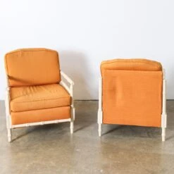 Pair Of Faux Bamboo Chairs With Orange Cushions -Furniture Shop FL47 19PairofFauxBambooChairswithOrangeCushions.13