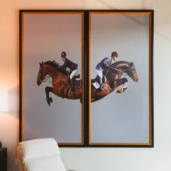 Framed Leaping Equestrian Artwork On Silk Cloth Left - Grey 10 Framed Leaping Equestrian Artwork On Silk Cloth Left - Grey -Furniture Shop FramedLeapingEquestrianArtworkonSilkClothLeft Grey.06