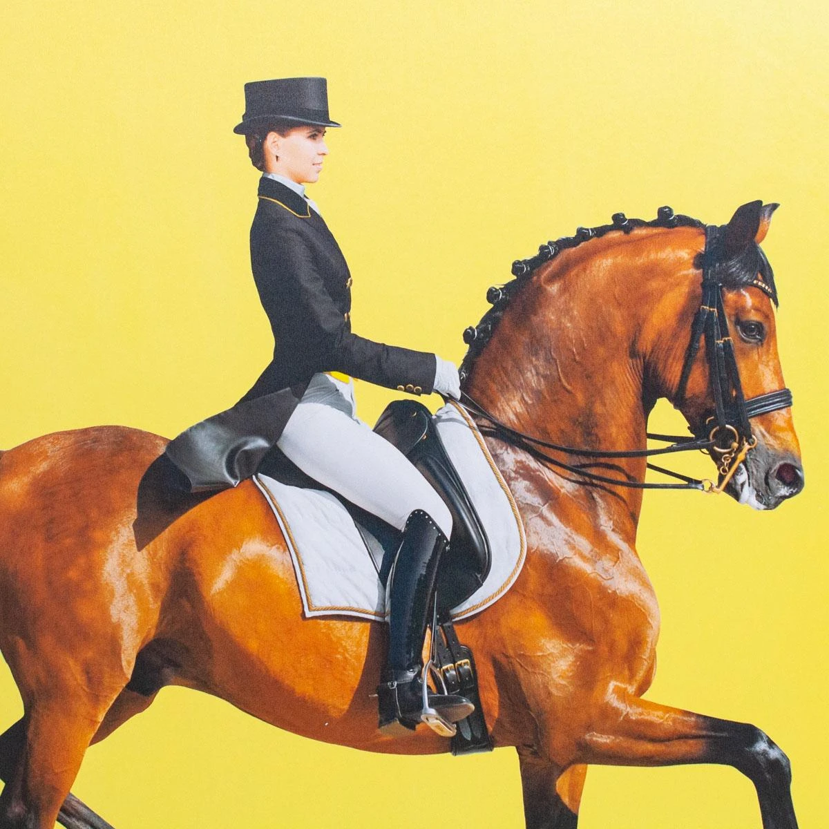 Framed Equestrian Artwork On Silk Cloth - Yellow Right Facing 3 Framed Equestrian Artwork On Silk Cloth - Yellow Right Facing - Image 3