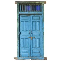Blue Painted Door With Iron Insert At The Top